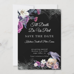 Save The Date Mariage Gothique Floral Crâne Noir Violet Élégant