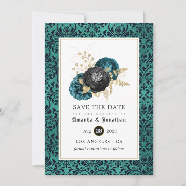 Save The Date Mariage gothique floral sarcelle, noir et or (Devant)