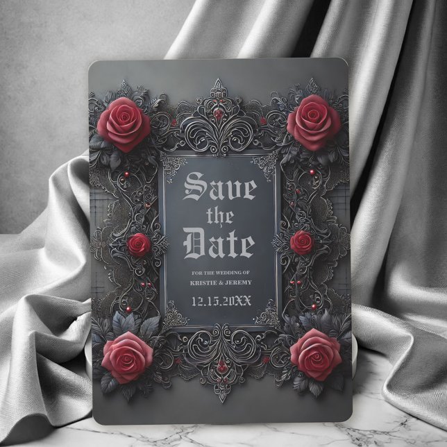 Save The Date Mariage gothique gris rouge floral Enregistrer la  (Gothic Wedding Save the Date with Red roses on a dark gray background.)