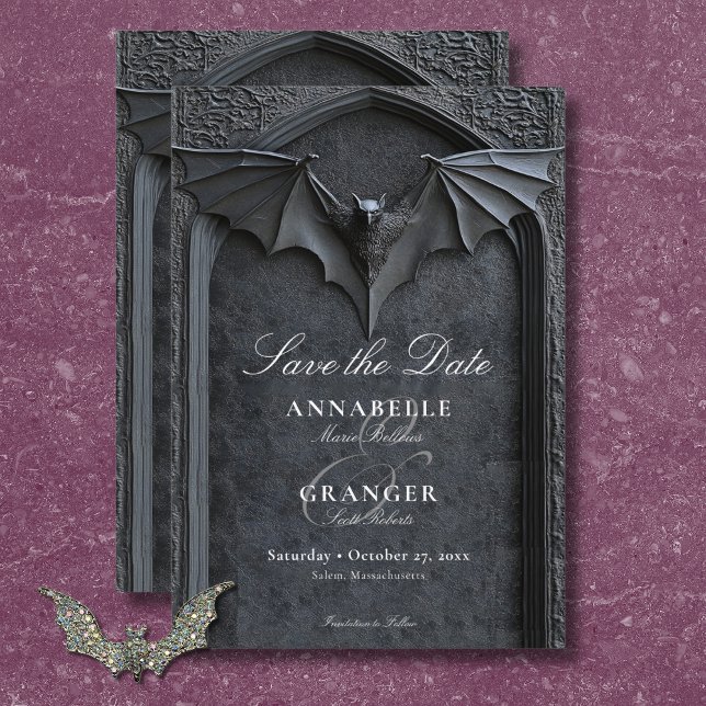 Save The Date Mariage gothique Halloween chauve chauve et arc no (Gothic Halloween Black Bat & Arch Wedding Save The Date)