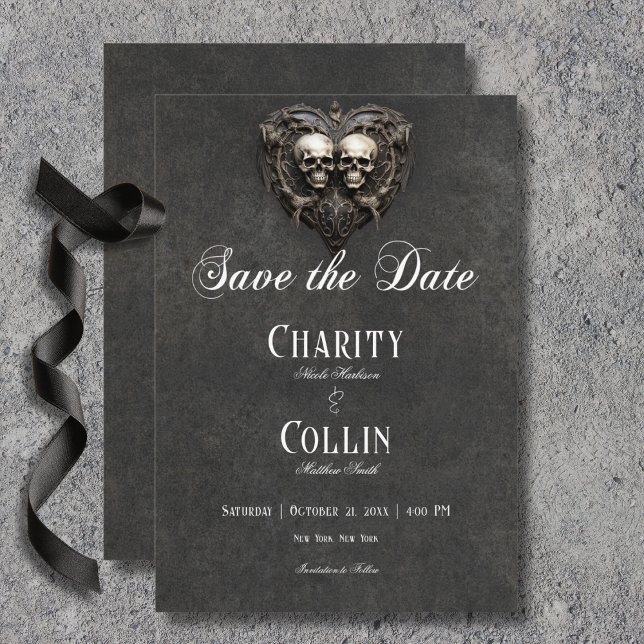 Save The Date Mariage Gothique Noir & Blanc Crânes & Cœur (Gothic Black & White Skulls & Heart Wedding Save the Date Card)
