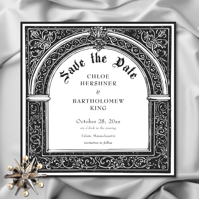 Save The Date Mariage gothique noir blanc médiéval jusqu'à la mo (Gothic Black White Medieval Until Death Wedding Save the Date)