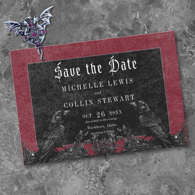 Save The Date Mariage gothique noir corbeau et roses de Bourgogn (Gothic Black Raven & Roses Burgundy Wedding Save The Date)