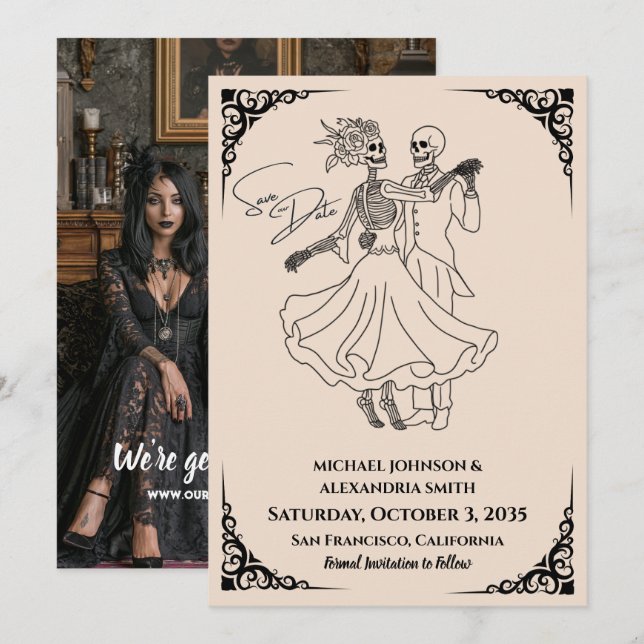 Save The Date Mariage gothique - Squelettes mignons dansent dans (Devant / Derrière)