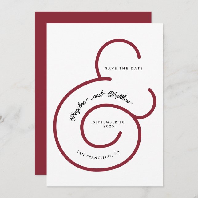 Save The Date Mariage Gras Moderne Rouge Script Grand Ampersand (Devant / Derrière)