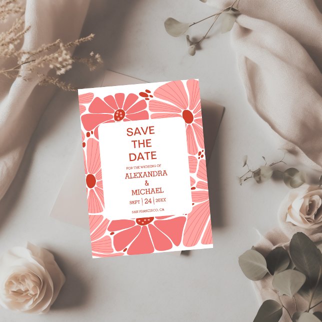 Save The Date Mariage groovy moderne aux marguerites roses (Créateur téléchargé)