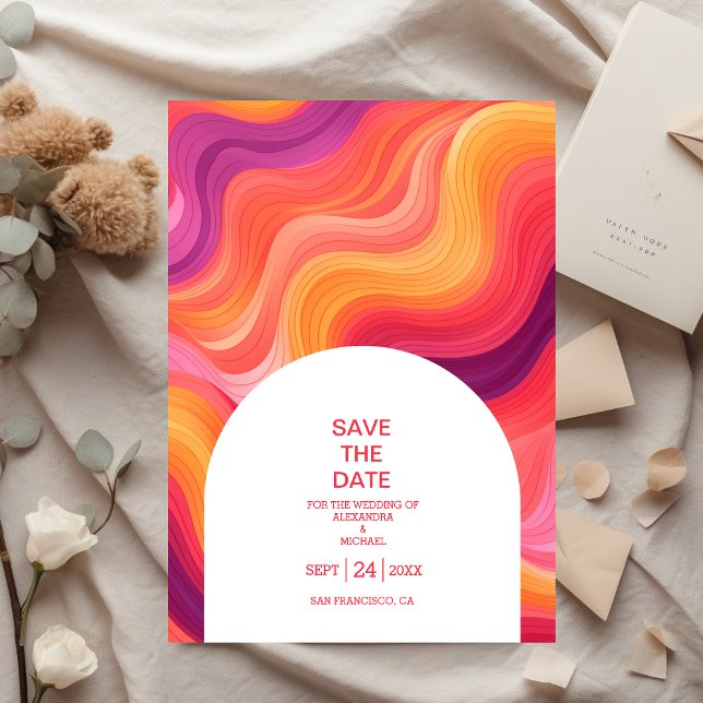 Save The Date Mariage Groovy Rétro Rose et Orange avec Arche (Créateur téléchargé)
