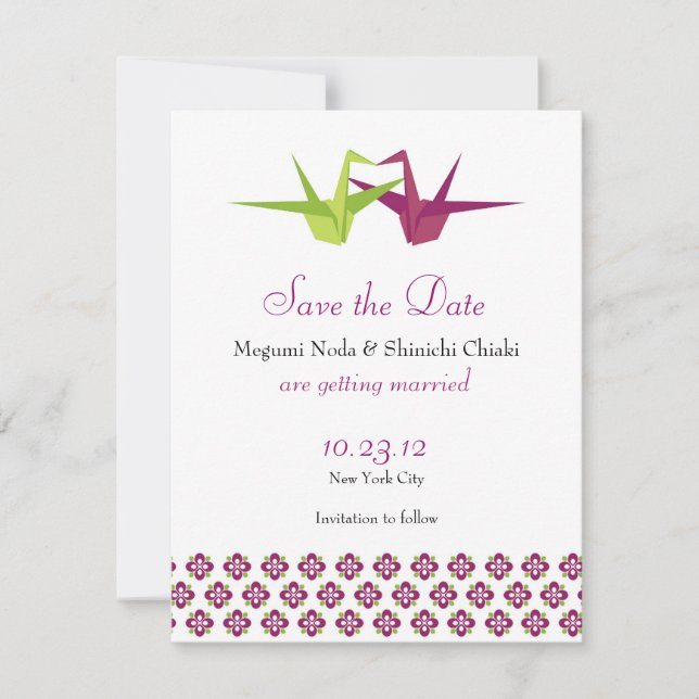 Save The Date Mariage Grue en Papier Origami (Devant)