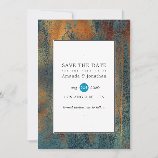 Save The Date Mariage Grunge Cuivre Patine et Turquoise (Devant)