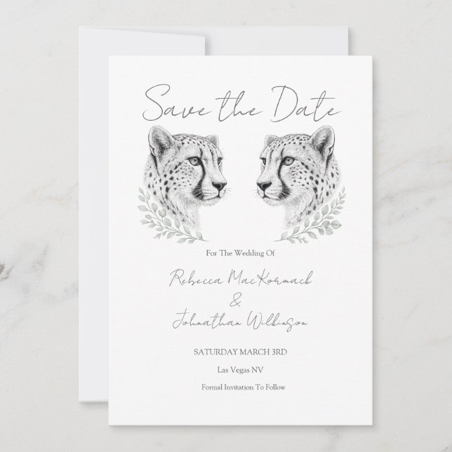 Save The Date Mariage Guépard Design Moderne Élégant Noir Blanc (Devant)