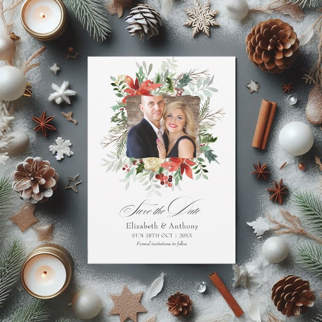Save The Date Mariage hivernal féerique aux pins enneigés et rus (Snowy Rustic Pine and Spruce Winter Wedding Magic Save The Date)