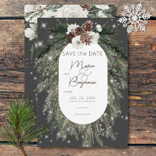 Save The Date Mariage hivernal rustique en pin au charbon de boi
