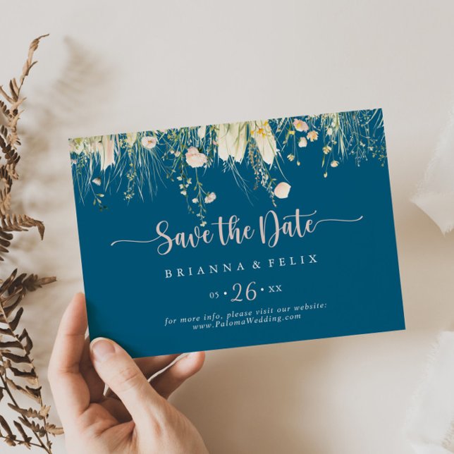 Save The Date Mariage horizontal de la marine Fleur sauvage Boho (Créateur téléchargé)
