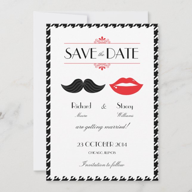 Save The Date Mariage Houndstooth Rouge, Noir & Moustache & Lèvr (Devant)