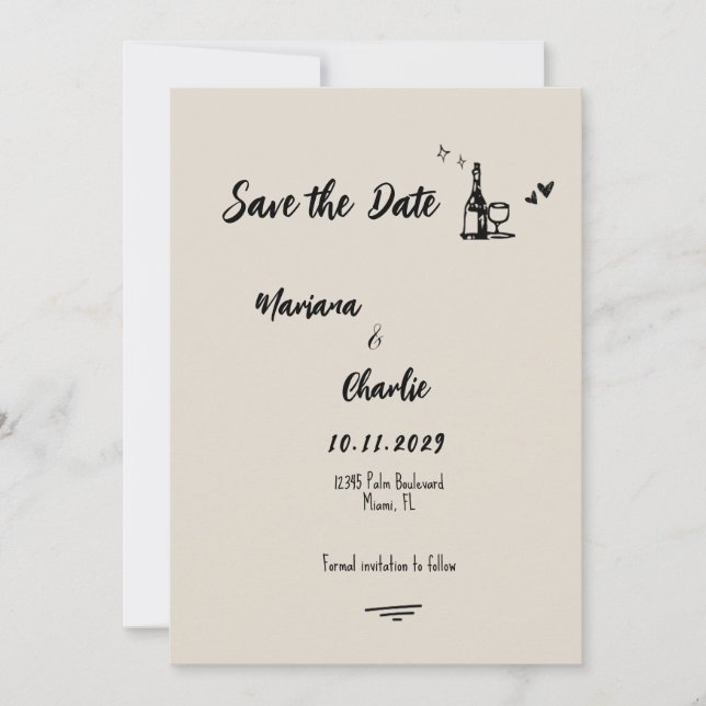 Save The Date Mariage Illustré à la Main en Gris Rétro  (Devant)