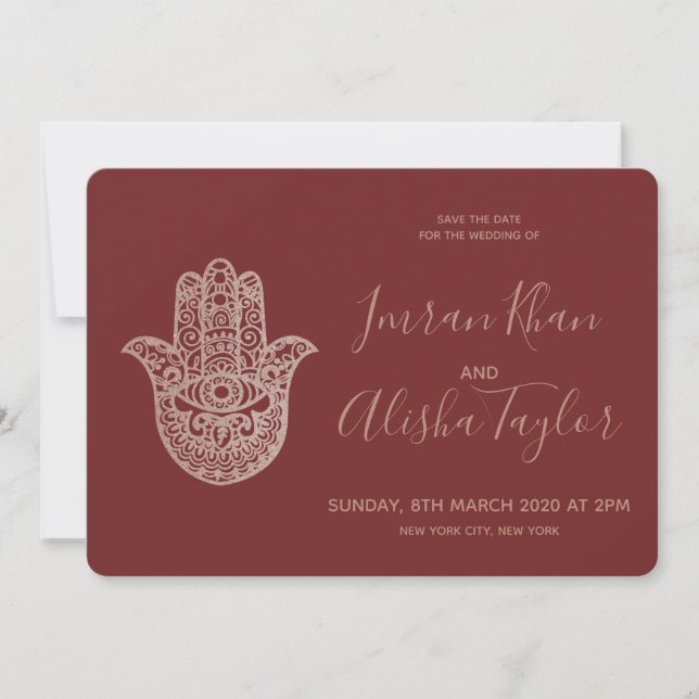Save The Date Mariage indien Date à sauvegarder Rose Gold hamsa  (Devant)