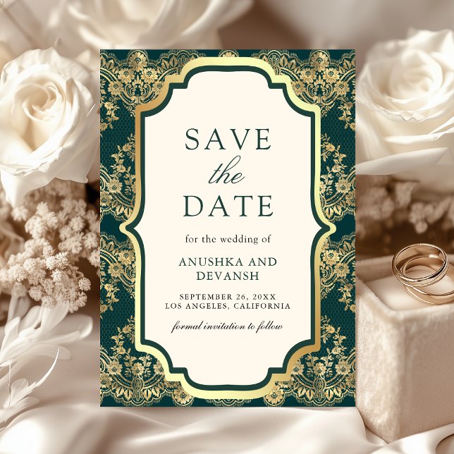 Save The Date Mariage indien dentelle or sarcelle (Créateur téléchargé)