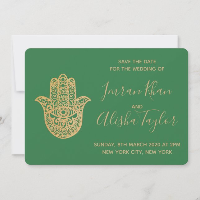 Save The Date Mariage indien Enregistrer la date Gold hamsa Henn (Devant)