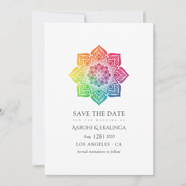Save The Date Mariage indien Mandala Arc-en-ciel (Devant)