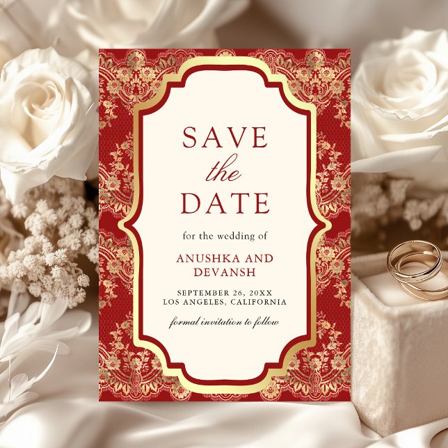 Save The Date Mariage indien Red Gold Lace (Créateur téléchargé)