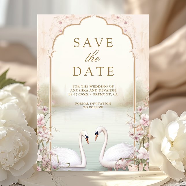 Save The Date Mariage indien romantique aux cygnes floraux paste (Créateur téléchargé)