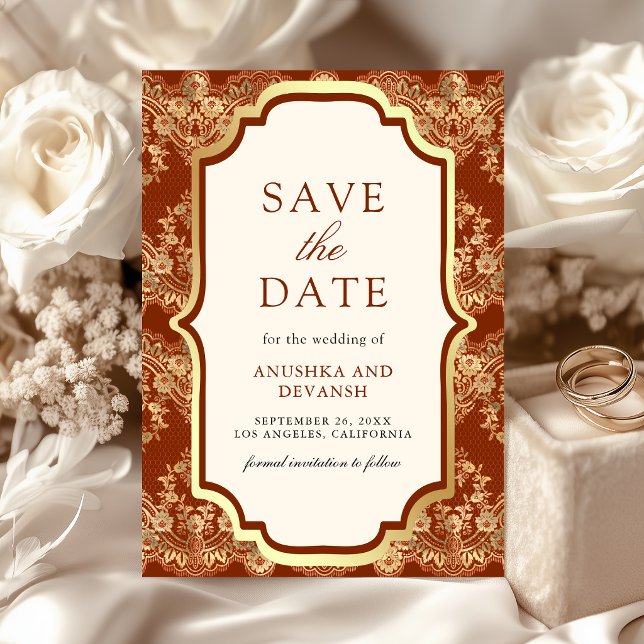 Save The Date Mariage Indien Rust Orange Gold Lace (Créateur téléchargé)