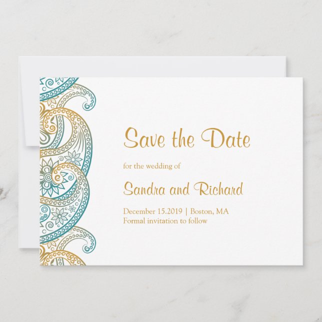 Save The Date Mariage indien teal et or Paisley (Devant)
