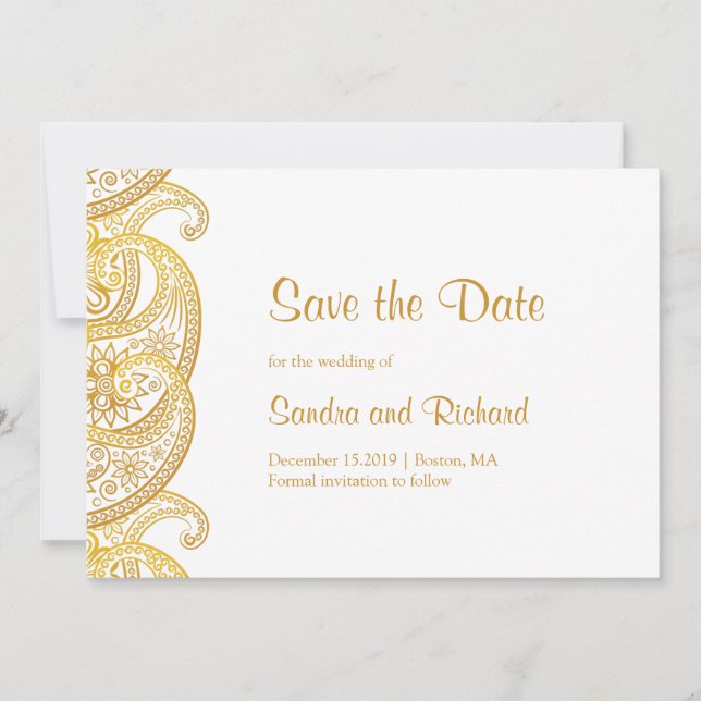 Save The Date Mariage indien traditionnel de Paisley d'or (Devant)