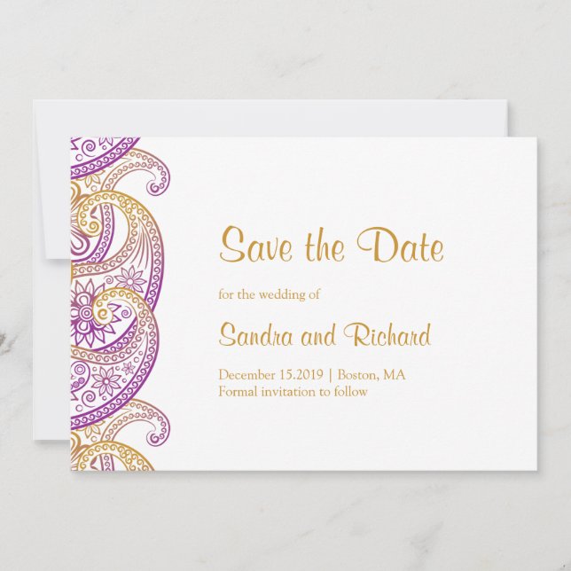 Save The Date Mariage indien violet et or de Paisley (Devant)