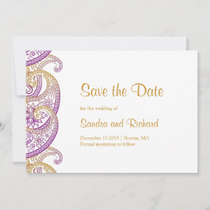 Save The Date Mariage indien violet et or Paisley
