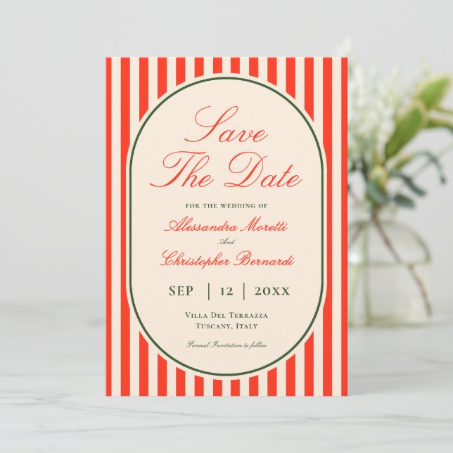 Save The Date Mariage Italien à Rayures Orange Soleil Couchant É (Debout devant)