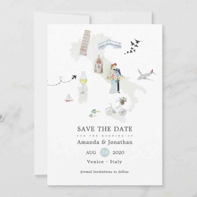 Save The Date Mariage italien de destination à l'aquarelle (Devant)