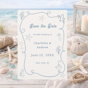 Save The Date Mariage ivoire bleu poussiéreux dessiné à la main