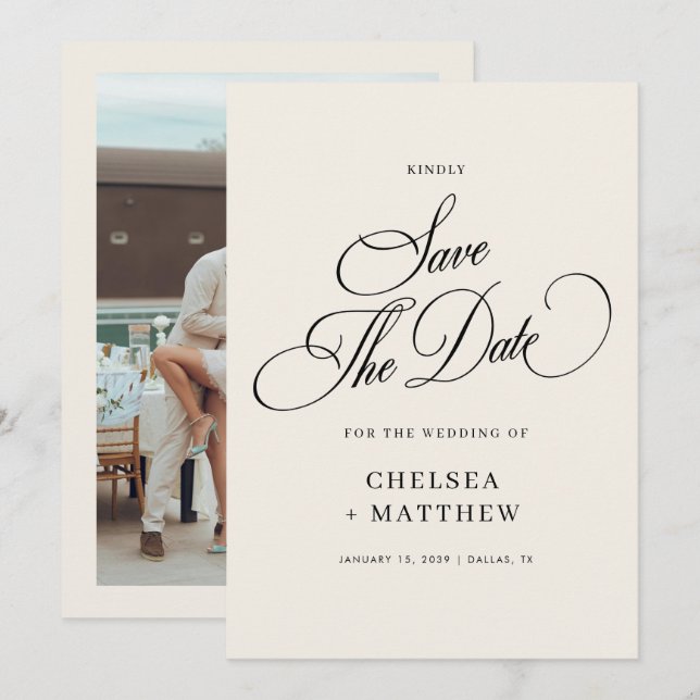 Save The Date Mariage Ivory & Black Classic Script & Photo (Devant / Derrière)