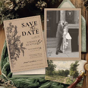 Save The Date Mariage Kraft Photo Rustique Noir Floral Vintage