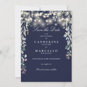 Save The Date Mariage Lumières de Chaîne Florales Bleu Marine