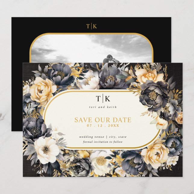 Save The Date Mariage lunatique noir et blanc or (Devant / Derrière)