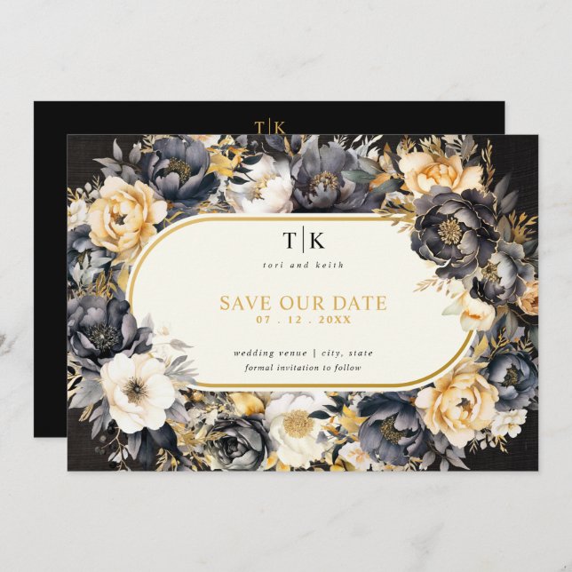 Save The Date Mariage lunatique or noir et blanc (Devant / Derrière)