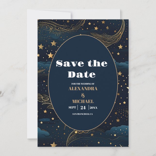Save The Date Mariage Lune Croissante Céleste Or (Devant)