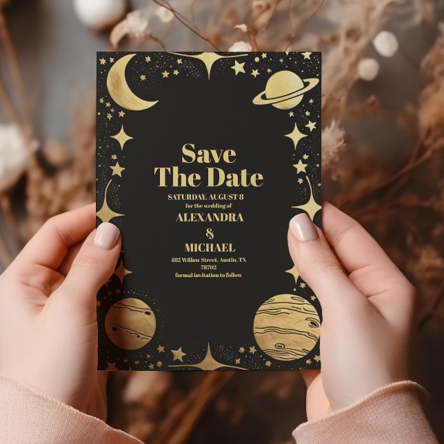 Save The Date Mariage Lune Croissante Or Noir Céleste (Créateur téléchargé)