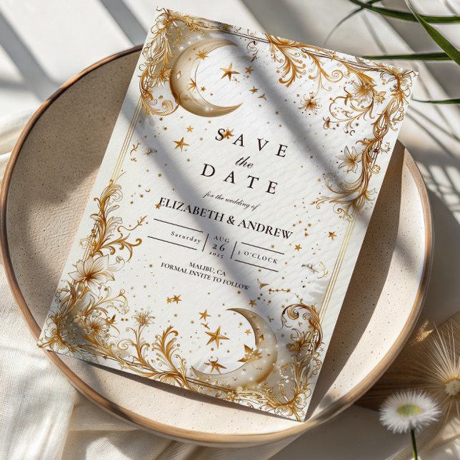 Save The Date Mariage Lune et Étoiles en Or Blanc Céleste (Créateur téléchargé)