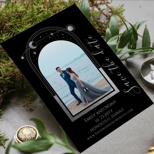 Save The Date Mariage Lune Soleil Étoiles Argent Noir Mystique (Créateur téléchargé)