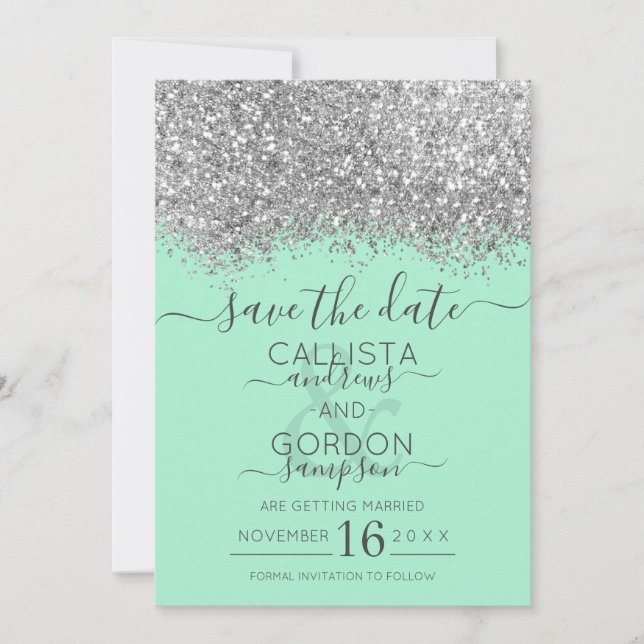 Save The Date Mariage Luxe Argent Neo Mint Paillettes Confettis (Devant)