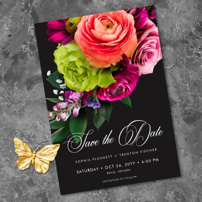 Save The Date Mariage Luxe Floral Vibrant Rose Noir (Moody Luxe Floral Vibrant Pink Black Wedding Save The Date)