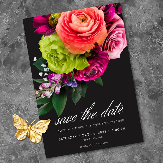 Save The Date Mariage Luxe Floral Vibrant Rose Noir (Moody Luxe Floral Vibrant Pink Black Photo Wedding Save The Date)
