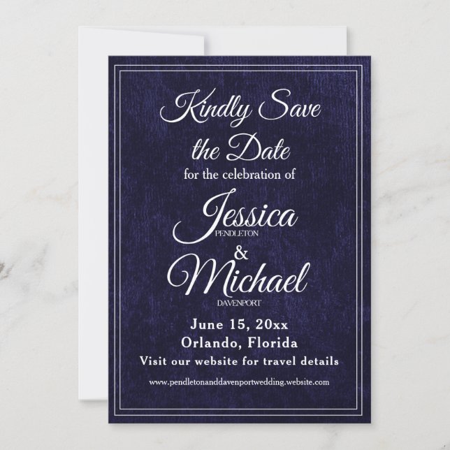Save The Date Mariage Luxe Velours Bleu Nuit Monogramme (Devant)