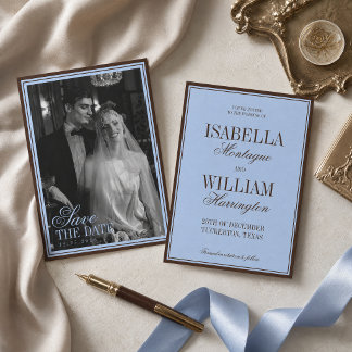 Save The Date Mariage Luxueux Bleu et Marron Vieille Fortune