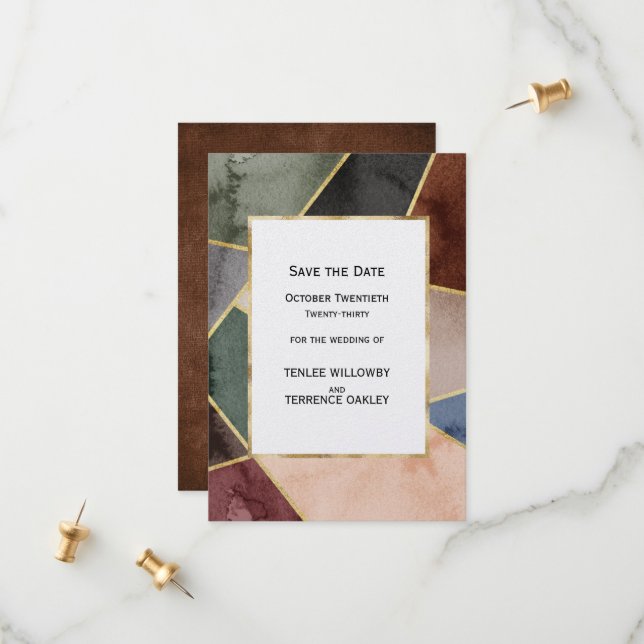 Save The Date Mariage Luxueux Géométrique Or Bleu Vert Marron (Devant/Arrière en situation)