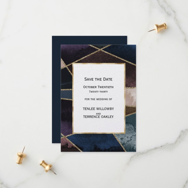 Save The Date Mariage Luxueux Géométrique Or Bleu Violet Brun (Devant/Arrière en situation)
