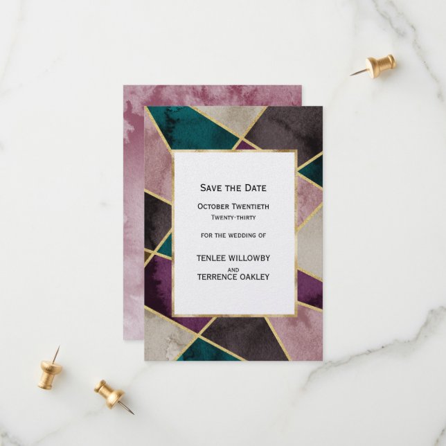Save The Date Mariage Luxueux Géométrique Or Vert Violet (Devant/Arrière en situation)